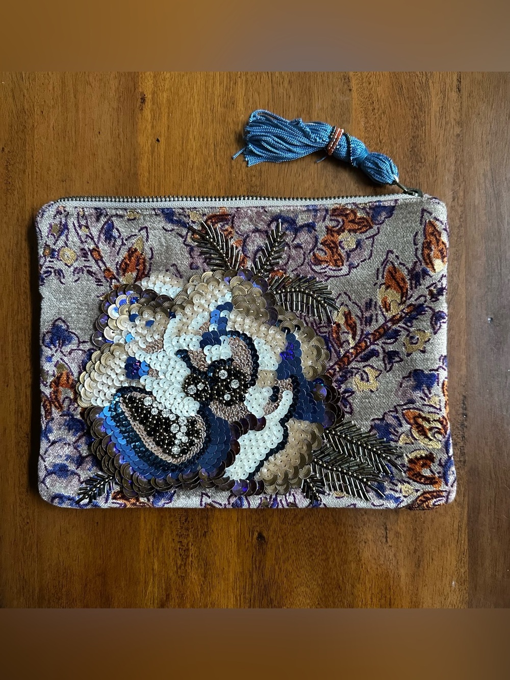 Anthro Floral Sequin Velvet Pouch - Blue & Cream
